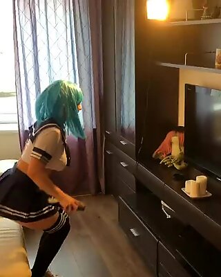 anime college girl having fun after college with a fuck stick and a real dick